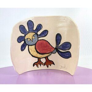 Vintage bird hand painted artwork, ceramic fine art, signed folk art